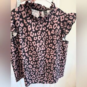SHEIN Pink Leopard Print Ruffle Sleeve Top